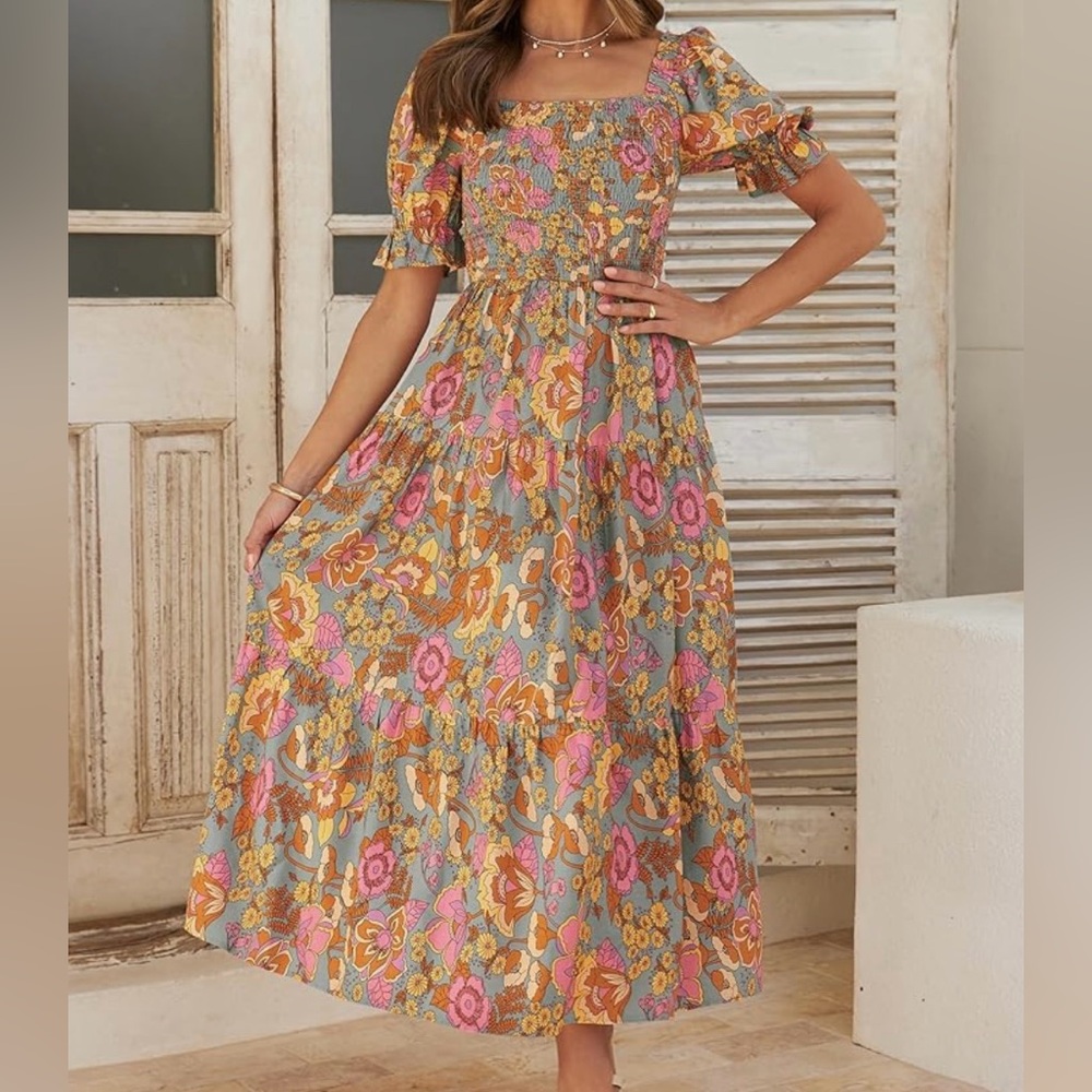Summer Boho Floral Print Square Neck Ruffle Midi Dress